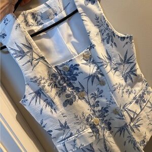 LOFT White and Blue Floral Toile Button-Front Vest